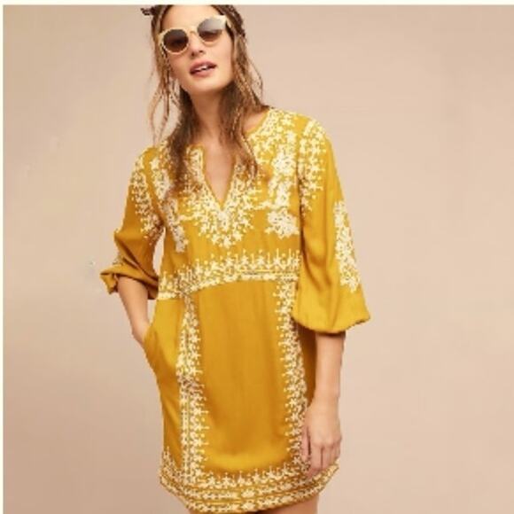 Anthropology Akemi + Kin Shiloh |Boho Ruffle Sleeves | Yellow Embroidered Dress - Picture 1 of 16